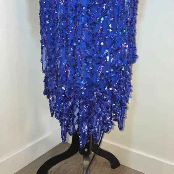 Vintage Beaded Silk Dress Sequin V Neck Royal Blue Midi Large Party Evening